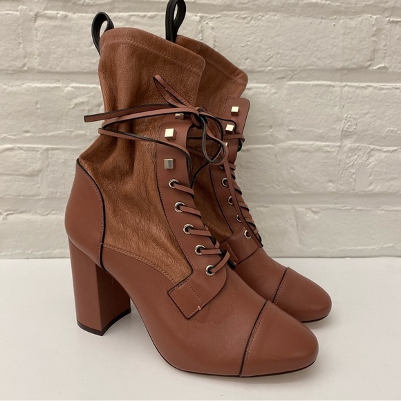 Stuart Weitzman || Veruka Leather Combat Sock Bootie Heeled Mauve Pink 9.5 - Picture 2 of 11